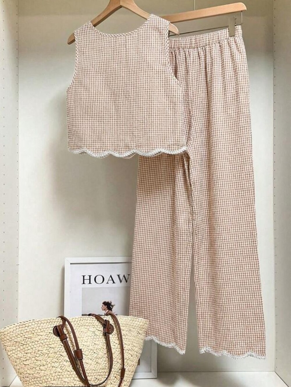 SHEIN Beige Gingham Crop Tank Top And Wide Leg Pant Set